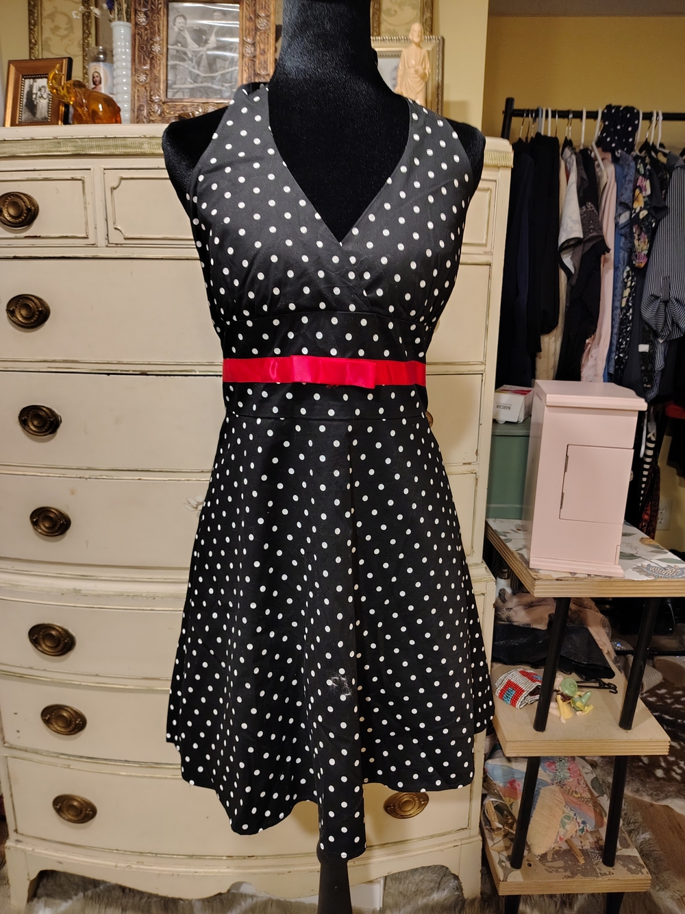 Pulse Vintage 80s Polka Dot Halter Dress Red Sash Ribbon Built-in Petticoat